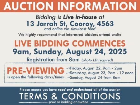 AUCTION INFORMATION: Bidding is live at 13 Jarrah St, Cooroy, 4563 & online via web feed (simulcast) - It is recommended that interested bidders attend the auction onsite | BIDDING COMMENCES: 9am, Sunday, August 24 2025, Registration from 8am (photo I.D r