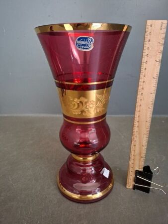 Vintage Bohemia Crystal Cranberry & Gold Vase