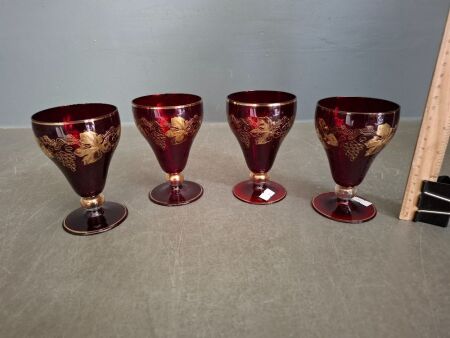 4 Cranberry Glass & Gold Embellished Wine Glasses