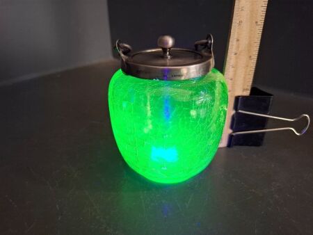 Vintage Uranium Crackle Glass Honey Jar marked England