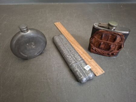 Dual Chamber Celebrating Birth Cigar / Hip Flask with 2 Vintage Hip flasks