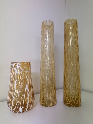 3 Various Sized Amber Vein Glass Vases