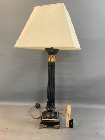 Vintage Corintihian Style Lamp with Shade. Carved Timber with Brass Feet