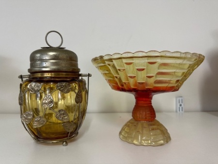 Vintage Schmid Amber Glass with Leaf Accents Musical Candy Jar - Incs Mid Century Pedestal Fruit Bowl