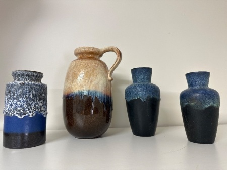 4 West German Blue Drip Glazed Ceramic Vases