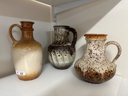 3 West German Brown Speckled Handle Vases