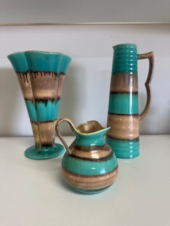 3 Czechoslovakia Blue & Brown Drip Glaze Vase & Jugs
