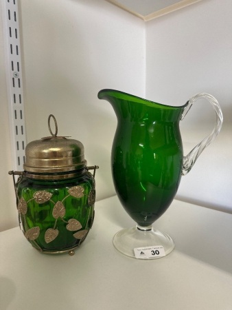 Vintage Green Glass with Leaf Accents Musical Candy Jar with Green Glass Water Jug