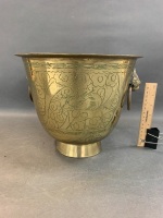Vintage Brass Bowl with Lions Head Handles - Stamped to Bottom