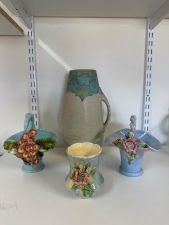 Shelann Floral Vase + Patrica England Handpainted Vase + 2 Ceramic basket Vases