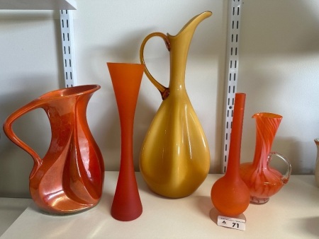 Mixed Lot of Orange and Yellow Glass Vases & Jugs