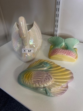 3 Lustreware Swan Vases - 2 Wall Hanging
