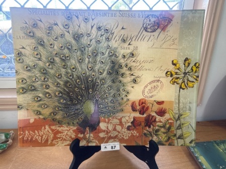 Large Peacock Art Deco Glass Platter