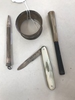 Sterling Silver Propelling Pencil, Napkin Ring & Ladies Penknife (As Is) + Vintage Cigarette Holder