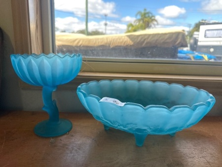 Frosted Blue Glass Pedestal Dish and Fruit Bowl