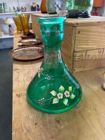 Vintage Green Glass Decanter with Floral Detailing