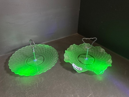 2 Frosted Uranium Glass Art Deco Scale Plates