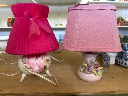 2 Floral Base with Pink Shades Desk Lamps