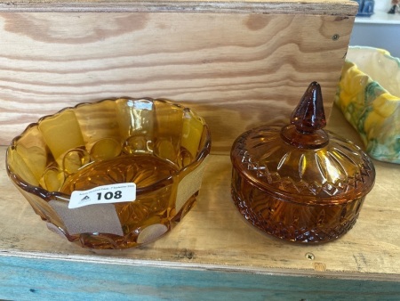Amber Glass Lidded Dish & Bowl