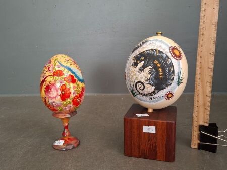 Handpainted Emu Egg on Stand, Signed by Aboriginal Artist Arthur Conlon + Handpainted Ukrainian Pysanka Egg