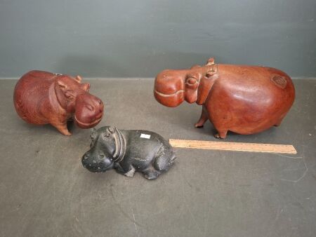 3 Decorative Hippopotamus - 2 wood, 1 stone