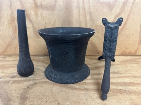 Antique Apothecary Mortar and Pestle and Vintage Bottle Corker