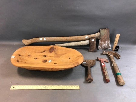 Collection of Tools inc. Axe & Hatchet + Timber Bowl