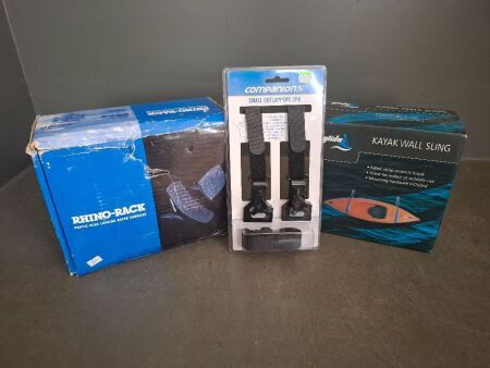 Rhino Rack Nautic Rear Loading Kayak Carrier 581, 2pk Small Deflappers & Kayak Wall Sling