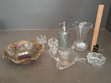 Pair Kosta Boda Candle Holders, Goofus Glass Dahlia Bowl, Clear Glass Ash Tray, Candy Dish, Vase & Misc
