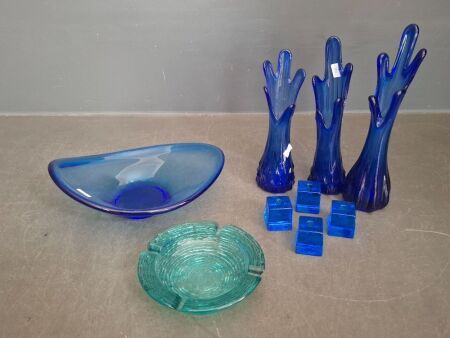 Gunner Ander Sweden Candle Holders & Vintage MCM 5 Finger Swung Glass Cobalt Blue Vases