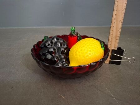 Anchor Hocking Royal Ruby Red Bubble Glass Bowl with Italian Glass Fruit
