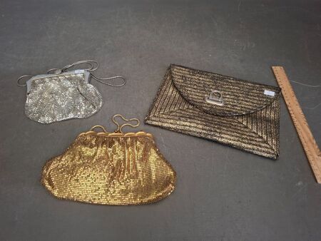 2 x Antique Glow Mesh Hand Bags & Mid Century Clutch