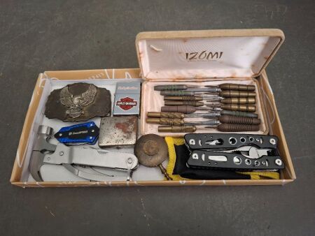 Assortment of Vintage Items - Incs Dart Heads, Multi Tools and Harley Davidson Belt Bucket & Zippo Lighter
