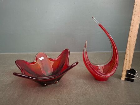 2 Ruby Red Art Glass Bowls