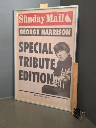 Courier Mail, The Sunday Mail Poster Board for Paper Sellers with Headline Tribute to George Harrison - 2/12/2001
