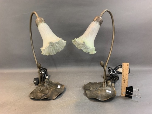 Pair of Waterlily Lamps with Brass Bases & Glass Shades