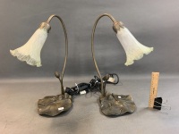 Pair of Waterlily Lamps with Brass Bases & Glass Shades - 2