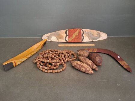 Original Carved Aboriginal War Shield from the Kimberleys plus Boomerang, Shakers & Beads