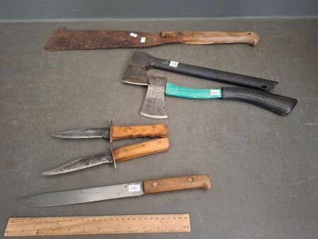 Mixed Lot of Hatchets, Machetes & Knives