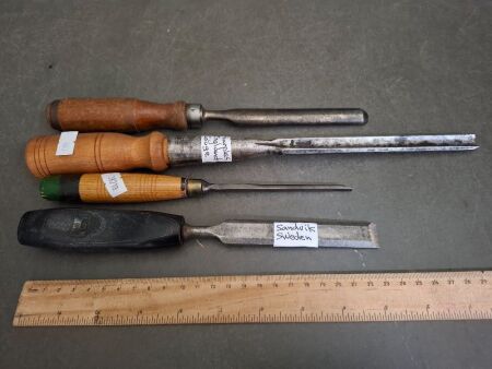 Lot of 4 Chisels - 2 Marked - 1 Marples Gouge & 1 Sandvik Sweden