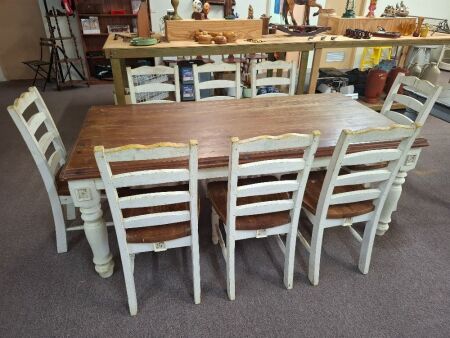 Vintage Farm House Style Wooden 8 Seat Setting Solid Dining Table Set