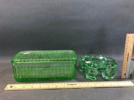 Depression Glass Fridge Box & Lid (as is)+ Heavy Glass Heart Mould