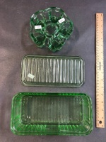 Depression Glass Fridge Box & Lid (as is)+ Heavy Glass Heart Mould - 3