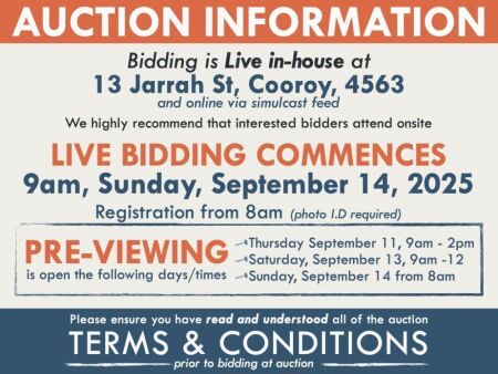 AUCTION INFORMATION: Bidding is live at 13 Jarrah St, Cooroy, 4563 & online via web feed (simulcast) - It is recommended that interested bidders attend the auction onsite | BIDDING COMMENCES: 9am, Sunday, September 14, 2025, Registration from 8am (photo I