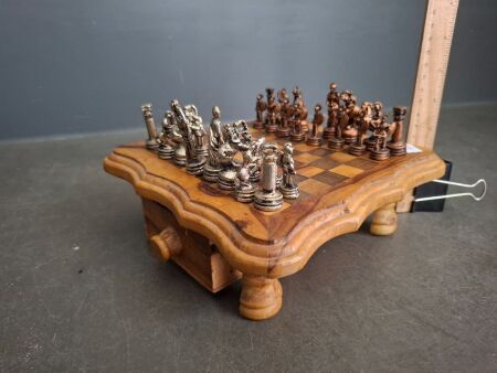 Vintage Wooden Chess Set with Compartment Drawers & Metal Chess Pieces