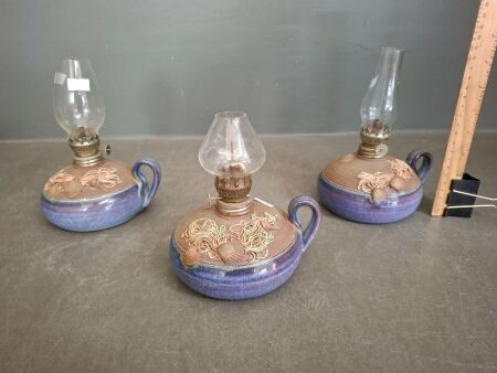3 x Pottery Blue Glazed Kerosene Lanterns