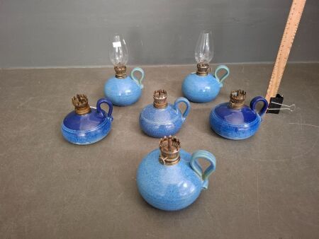 6 x Pottery Blue Glazed Kerosene Lanterns
