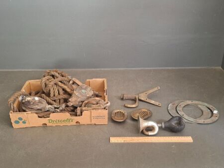 Vintage Lot with Pulleys, Car Horn & Brass Soap Holders