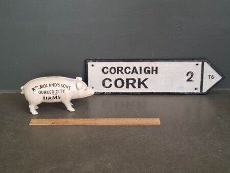M Molands Sons Quaker City Hams Cast Iron Money Box & Corcaigh Cork Cast Iron sign