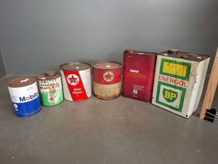 Selection of Oil & Fuel Cans - Caltex, Castrol, Mobiloil